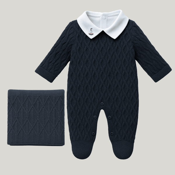 Kit Saída Maternidade Tricot 3 Peças Joseph Azul marinho